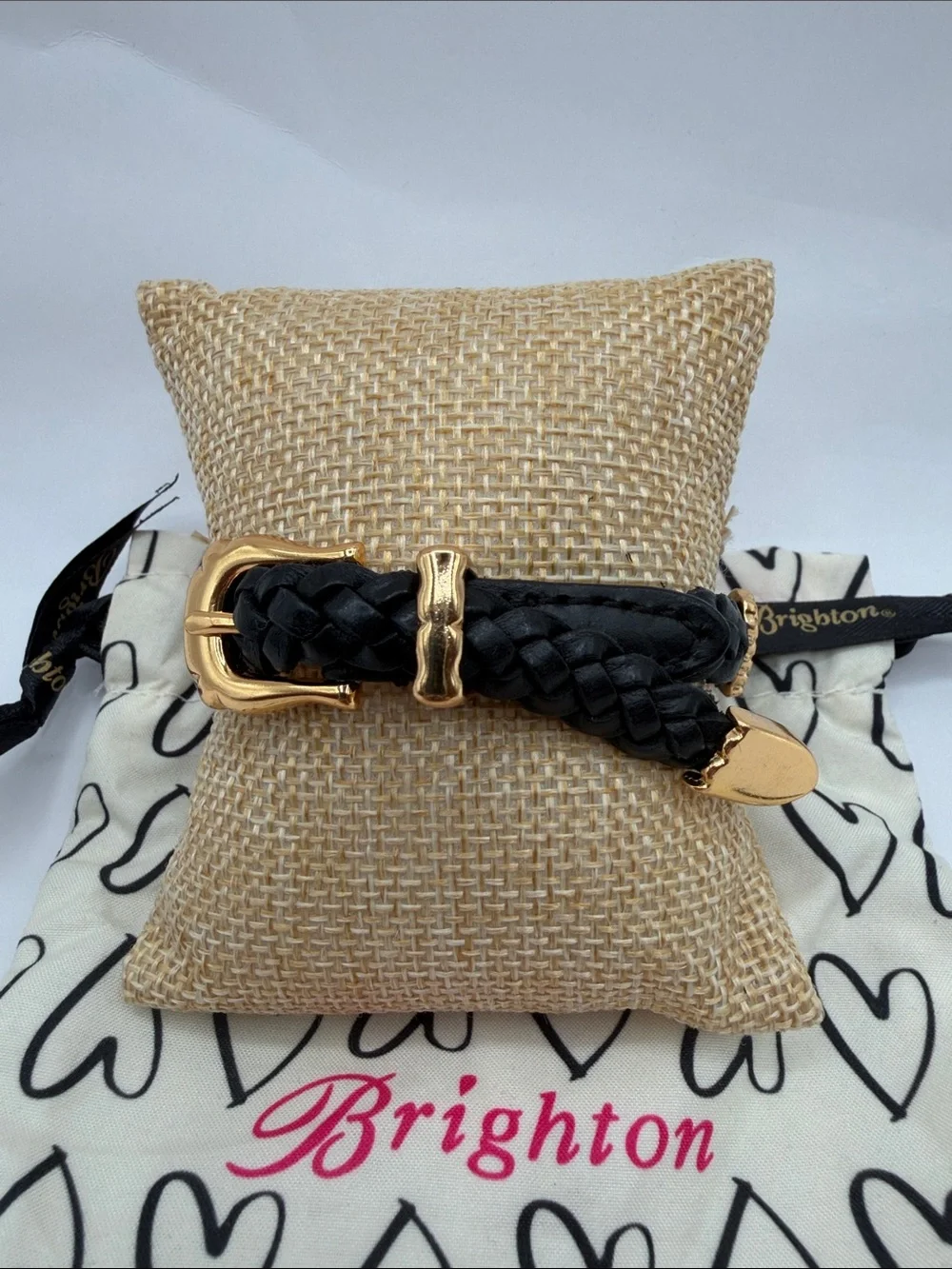 Brighton Bandit Black Braided Leather Bracelet with Gold Heart Charms